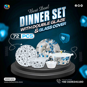 Premium 72 Pcs Dinner Set – Stylish Double Glaze | Durable, Microwave Safe & High Quality Crockery – by Mehar Clicks